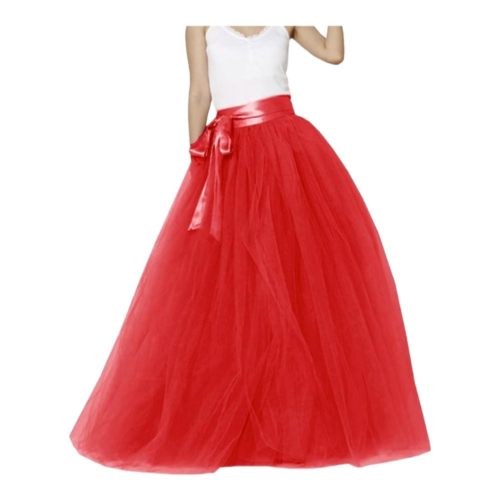 Women's puffy maxi floor length long elastic waistband tulle skirt, Red, Small